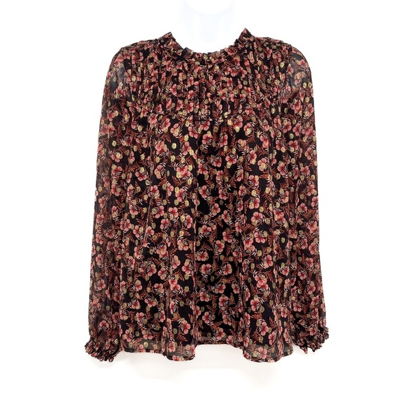 LOFT Shimmer Vine Pleated Yoke Metallic Floral Print Semi Sheer Blouse Top XS - Picture 2 of 10